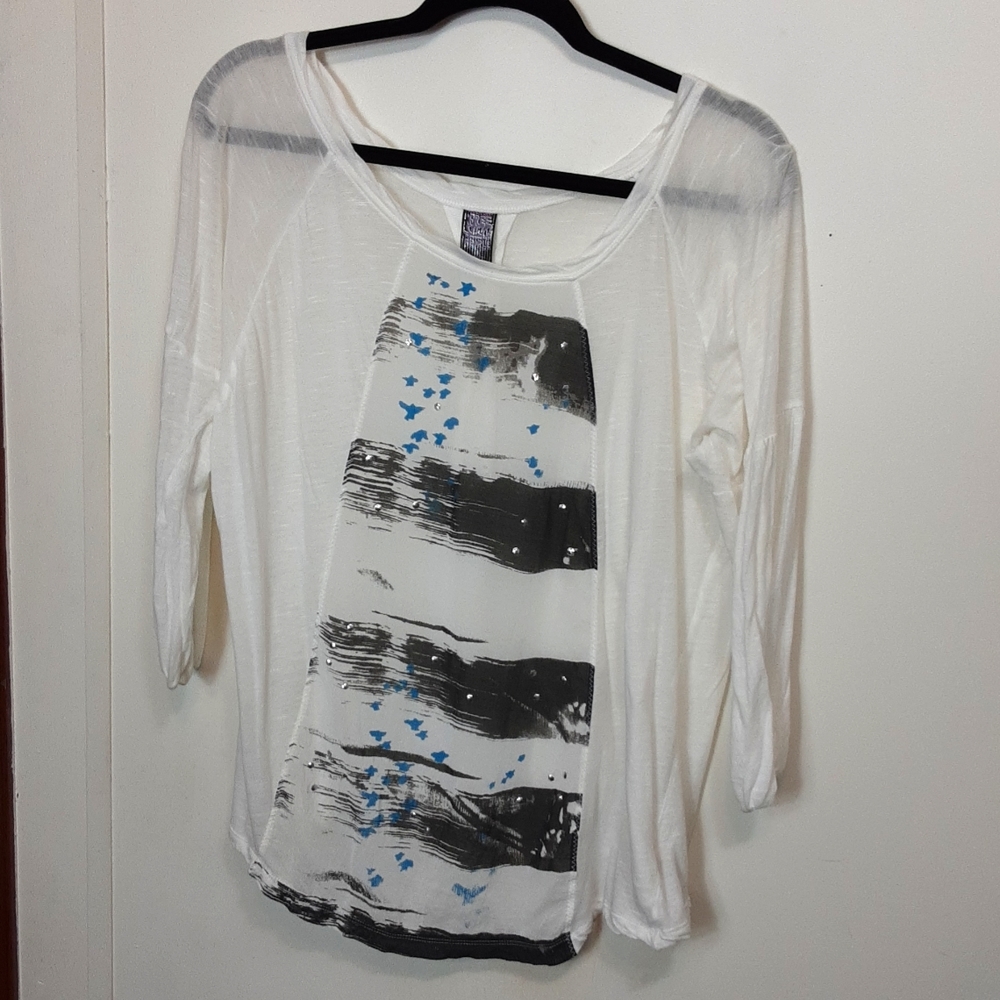 Free People White and Black Blouse with Blue Accents